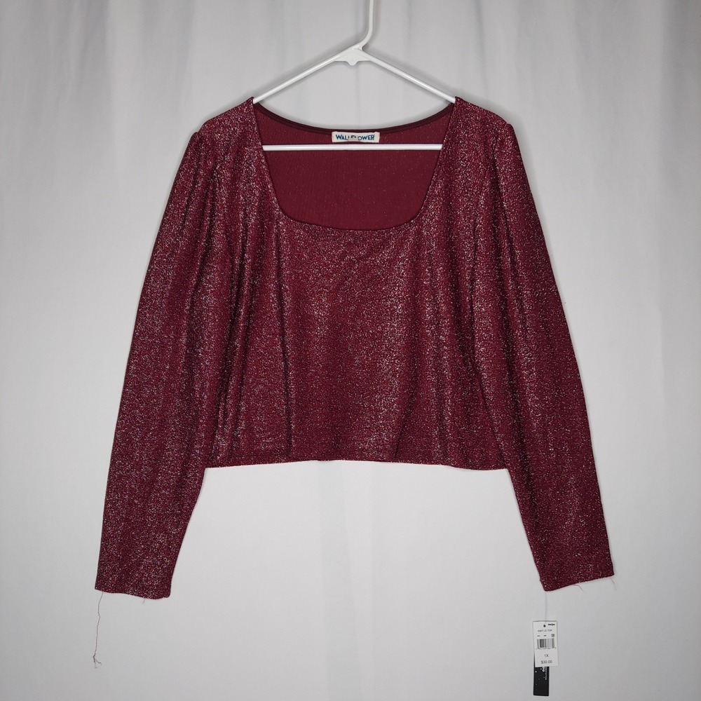 Wallflower Crop Top‎ Women 1X Jr Red Sparkle Stretch Square Neck Long Sleeve